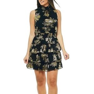 MSK Sleeveless Mock Neck Black Gold Foil Mesh Tiered Hem A-Line Fully Lined